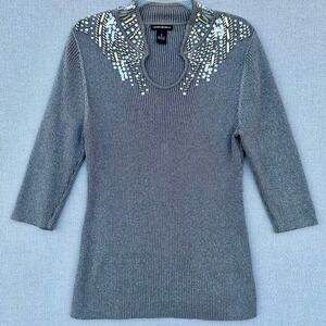 Lauren Michelle Vintage Metallic Ribbed Knit Top Embellished Keyhole Grey M